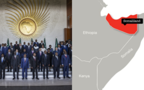 A photo collage of African heads of state after a past AU meeting and a map showing Somaliland. PHOTOMichele Spatari / AFP/Action Aid.