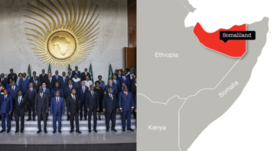 A photo collage of African heads of state after a past AU meeting and a map showing Somaliland. PHOTOMichele Spatari / AFP/Action Aid.