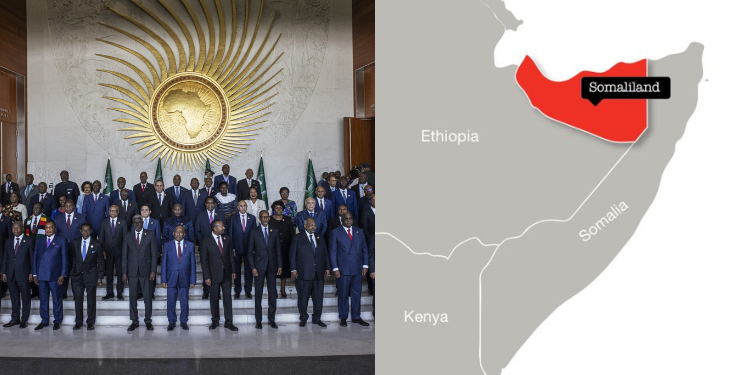 A photo collage of African heads of state after a past AU meeting and a map showing Somaliland. PHOTOMichele Spatari / AFP/Action Aid.