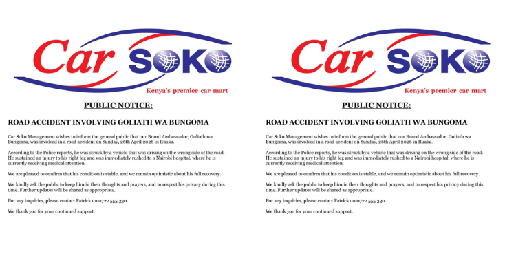 Car Soko has confirmed that its brand ambassador, Goliath Wa Bungoma, was involved in a road accident on Sunday, April 26, 2026, in the Ruaka area.