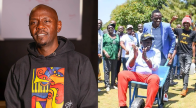 A photo collage of DJ Krowbar and Oga Obinna carrying William Ruto in a wheelbarrow during the 2022 election campaigns. PHOTO/Courtesy.