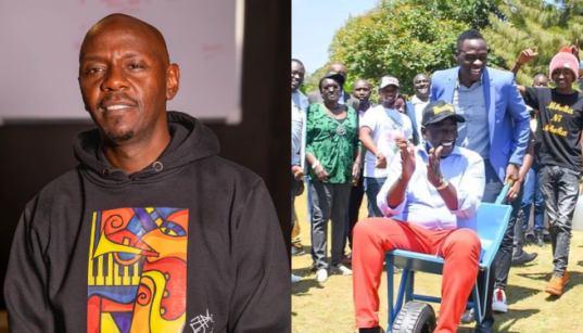 A photo collage of DJ Krowbar and Oga Obinna carrying William Ruto in a wheelbarrow during the 2022 election campaigns. PHOTO/Courtesy.