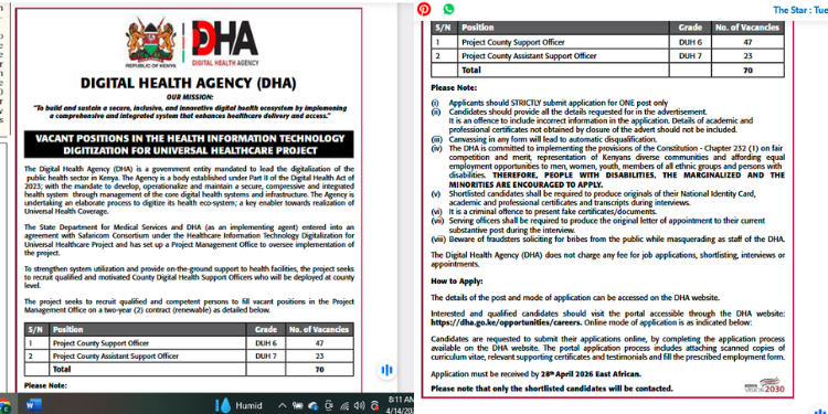 The Digital Health Agency (DHA) has announced 70 job vacancies in an advert on MyGov on April 14, 2026. PHOTO/ MyGov.