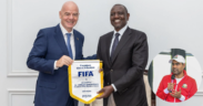FIFA President Gianni Infantino, President William Ruto and embattled FKF President Hussine Mohammed