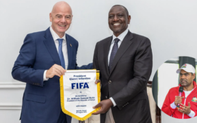 FIFA President Gianni Infantino, President William Ruto and embattled FKF President Hussine Mohammed
