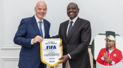 FIFA President Gianni Infantino, President William Ruto and embattled FKF President Hussine Mohammed