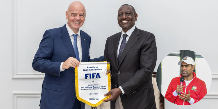 FIFA President Gianni Infantino, President William Ruto and embattled FKF President Hussine Mohammed
