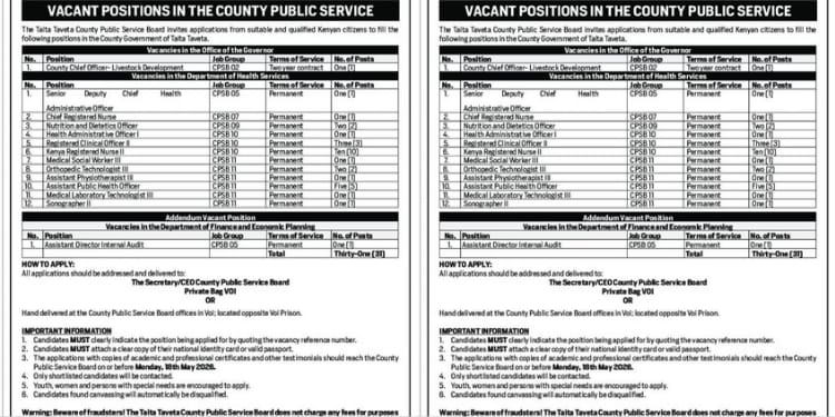 A screenshot of the notice of job vacancies by Taita Taveta countyPHOTO/Taita Taveta County