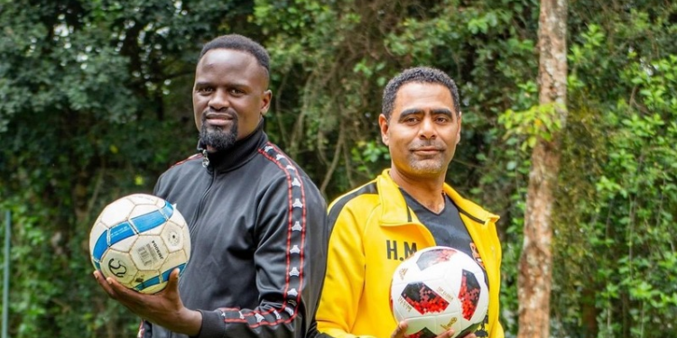 Former FKF President Hussein Mohamed and Acting President Macdonald Mariga. PHOTO/ Courtesy 