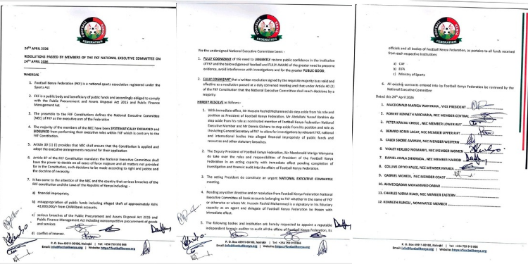 FKF National Executive Committee statement dated April 24, 2026. PHOTO/FKF.