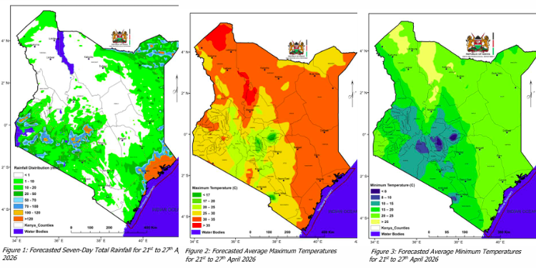 Kenya Met Lists Areas to Experience Heavy Rainfall in 7-Day Weather Forecast