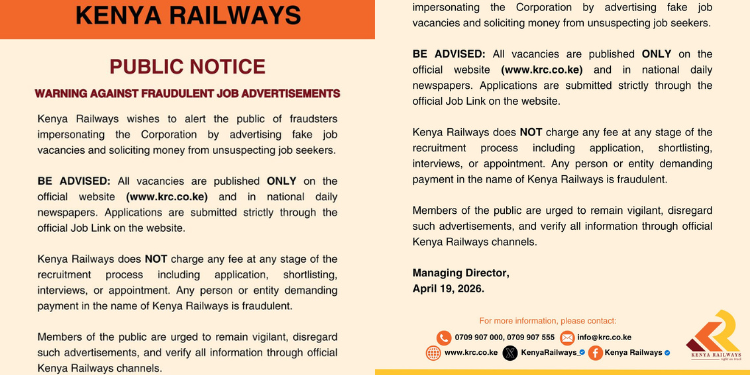 Kenya Railways has issued a strong warning to the public over fraudulent job advertisements being circulated by scammers i