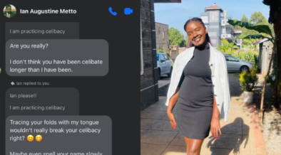 A photo collage of Sharon Awuor and an alleged screeshot conversation with Ian Metto. PHOTO/ Sharon Awuor Facebook.