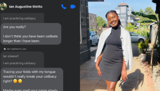 A photo collage of Sharon Awuor and an alleged screeshot conversation with Ian Metto. PHOTO/ Sharon Awuor Facebook.