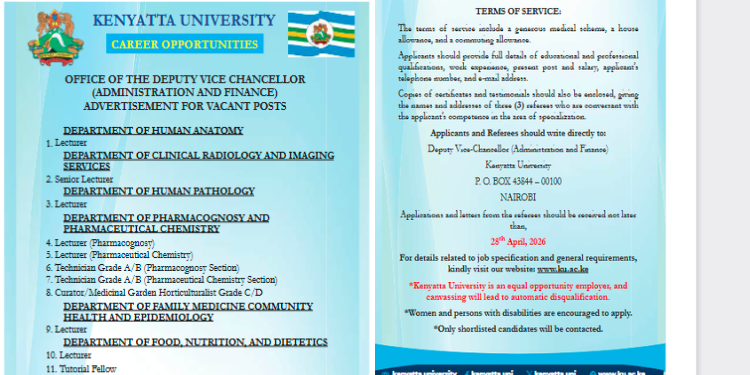Kenyatta University has announced multiple job vacancies across several departments