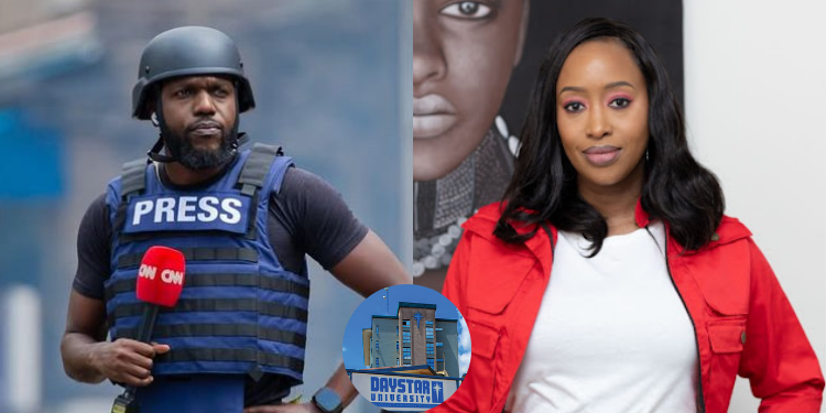 A photo collage of Larry Madowo and Janet Mbugua with an insert of Daystar University. PHOTO/ Courtesy.