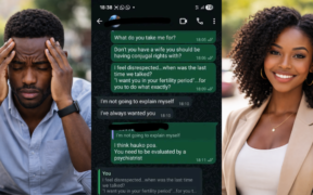 A photo collage of two AI-generated images of a man and woman, and leaked WhatsApp chats between a married man and sidechick. PHOTO/ChatGPT/May Jerono FB.