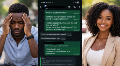A photo collage of two AI-generated images of a man and woman, and leaked WhatsApp chats between a married man and sidechick. PHOTO/ChatGPT/May Jerono FB.