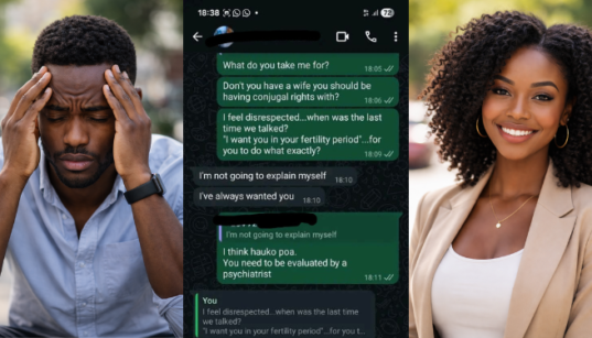 A photo collage of two AI-generated images of a man and woman, and leaked WhatsApp chats between a married man and sidechick. PHOTO/ChatGPT/May Jerono FB.