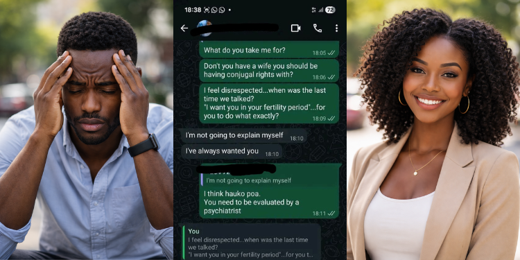 A photo collage of two AI-generated images of a man and woman, and leaked WhatsApp chats between a married man and sidechick. PHOTO/ChatGPT/May Jerono FB.
