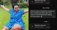 A photo collage of Millicent Omanga and a WhatsApp message from a Kenyan man asking to date her. PHOTO/Omanga X.