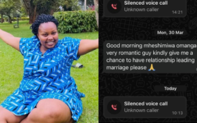 A photo collage of Millicent Omanga and a WhatsApp message from a Kenyan man asking to date her. PHOTO/Omanga X.