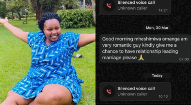 A photo collage of Millicent Omanga and a WhatsApp message from a Kenyan man asking to date her. PHOTO/Omanga X.
