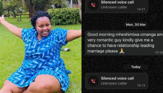 A photo collage of Millicent Omanga and a WhatsApp message from a Kenyan man asking to date her. PHOTO/Omanga X.