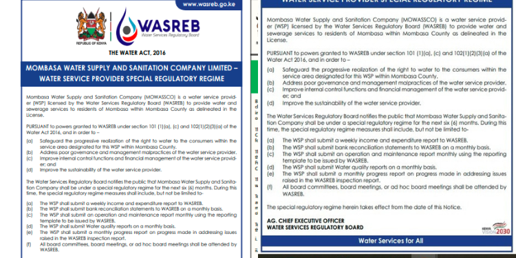 WASREB notice on April 21, announcing that Mombasa Water Supply and Sanitation Company (MOWASSCO) will be under a special regime for the next six months. PHOTO/Screengrab MyGov.