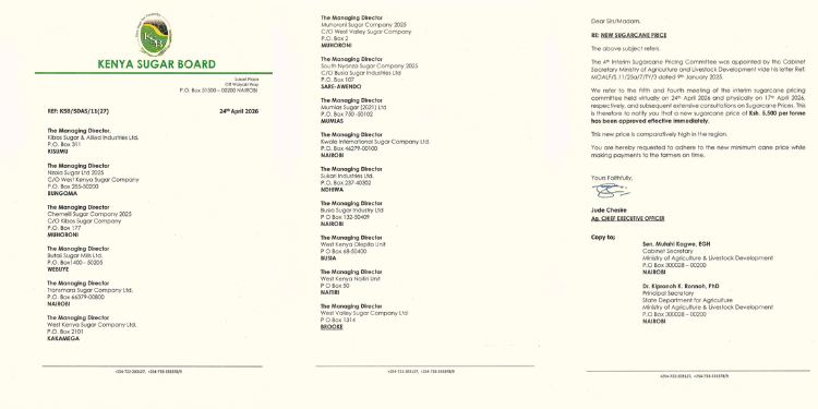 Kenya Sugar Board has lowered the prices from Ksh 5,750 to Ksh 5,500. PHOTO/ Kenya Sugar Board.