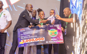 Interior CS Kipchumba Murkomen presenting an award to winners of the NIRU AI Hackathon 2025. PHOTO/NIRU