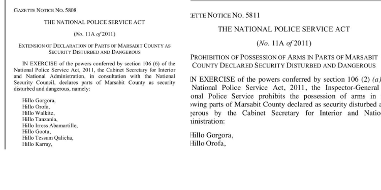 Official Kenya Gazette notices declaring parts of Marsabit County as security disturbed and dangerous, with a ban on possession of arms in listed areas PHOTO/Kenya Gazette