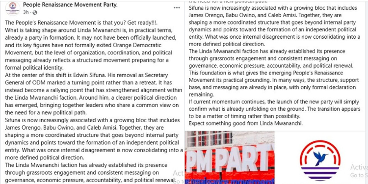 People’s Renaissance Movement statement on Facebook posted on April 22, 2026.