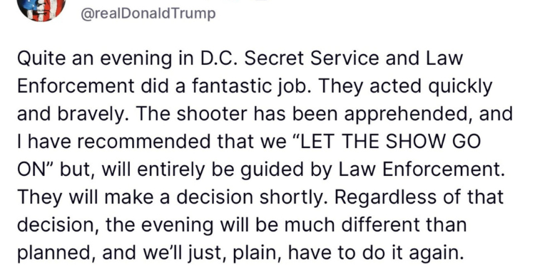 President Donald Trump's statement after the shooting incident at the White House Correspondents’ Association (WHCA) dinner on Saturday evening. PHOTO/White House X.