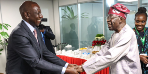 President William Ruto and Nigerian President Bola Tinubu shaking hands at a past meeting. PHOTO/PCS