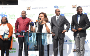 SHA CEO Dr. Mercy Mwangangi speaking to the press alongside CS Health Aden Duale and PS Health Ouma Oluga in a past event n Nairobi. PHOTO/ File