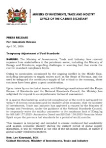 Press release published by Ministry of Trade and Investment on temporary adjustments on fuel standards. PHOTO/ File 