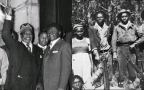 A photo collage of Mzee Jomo Kenyatta, Oginga Odinga, Tom Mboya and a group of Mau Mau fighters. PHOTO/ Courtesy.