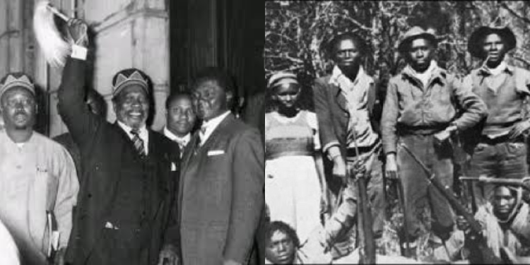 A photo collage of Mzee Jomo Kenyatta, Oginga Odinga, Tom Mboya and a group of Mau Mau fighters. PHOTO/ Courtesy.