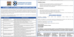 Communications Authority of Kenya notice about student attachment opportunities PHOTO/CA