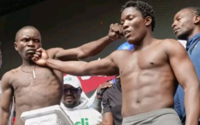 Majembe and Mbavu The Destroyer during their weigh-in on Friday April 3,2026 PHOTO/File