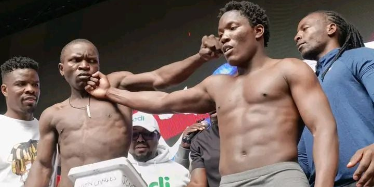 Majembe and Mbavu The Destroyer during their weigh-in on Friday April 3,2026 PHOTO/File