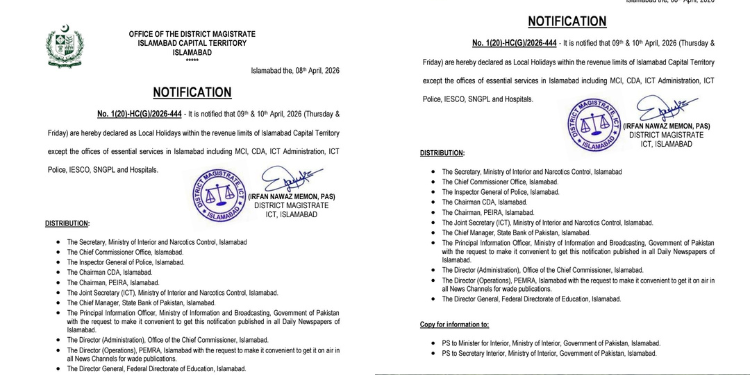 Notice released by Pakistan authorities declaring Thursday 9 and Friday 10,2026 local holiday PHOTO/Pakistan