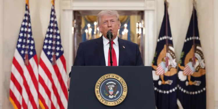 President Donald Trump speaking about Iran war from the Cross Hall of the White House on Wednesday April 1,2026 in Washington PHOTO/White House Gallery