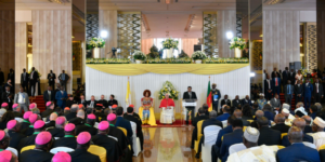 Pope Leo XIV meets with clergy and Cameroonian officials at the Presidential Palace in Yaounde, Wednesday April 15,2026PHOTO/Vatican Media