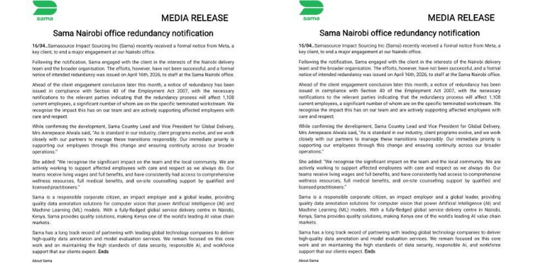 Sama headquarters in Nairobi announced on April 16, 2026, the layoff of 1,108 employees following Meta’s contract termination in Kenya.