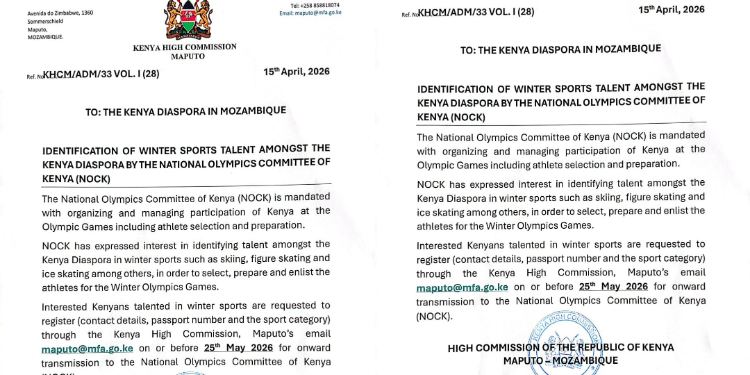 Official Kenya High Commission Maputo notice inviting Kenyan diaspora in Mozambique to register for winter sports talent identification before May 25, 2026