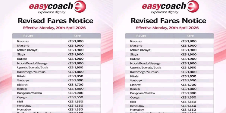 Easy Coach official notice announcing revised bus fares effective April 20, 2026 following EPRA fuel price increase in Kenya.
