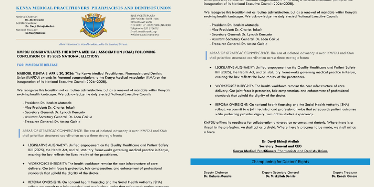 KMPDU congratulatory notice to the Kenya Medical Association on their concluded national elections PHOTO/KMPDU/X
