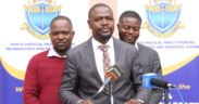 KMPDU Secretary General Davji Bhimji Atellah and others while addressing the Media on matters related to Coast General Hospital on February 23,2026
